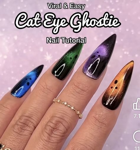 Bat Wing Nails, Halloween Cat Eye Nails, Cat Eye Halloween Nails, Easy Cat Eye, Cat Eye Nails, Ghost Design, Halloween Nail, Nails 2024, Halloween Nail Art