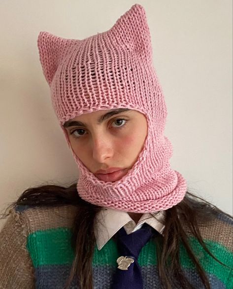 Cat Balaclava Crochet, Knitted Cat Beanie, Cat Balaclava Crochet Tutorial, Baclava Hat, Knitted Balaclava Aesthetic, Cat Balaclava, Bunny Baclava Hat, Balaclava Crochet Aesthetic, Cat Ear Balaclava