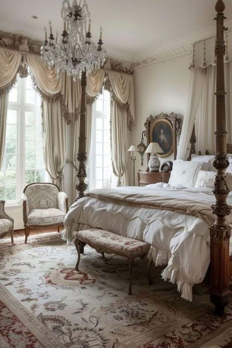 Victorian Main Bedroom, French Manor Bedroom, French Country Master Bedrooms, French Romantic Bedroom, French Victorian Decor, Rustic French Country Bedroom, Vintage Paris Bedroom, Bedroom Inspirations Vintage, Romantic French Bedroom