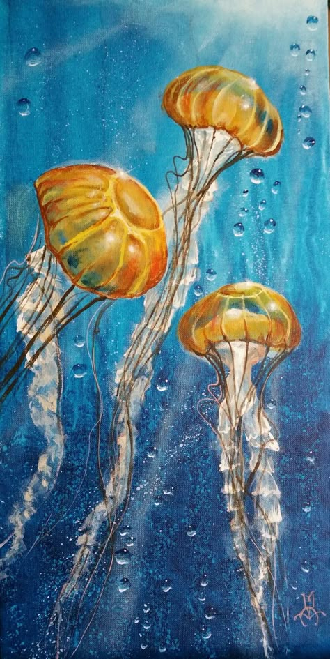 Sea Inspired Paintings, Paintings Of Jellyfish, Paintings Of Sea Creatures, Sea Creatures Artwork, Fish In Sea Drawing, Aquatic Life Painting, Painted Sea Creatures, Marine Life Art Paintings, Marine Animal Art