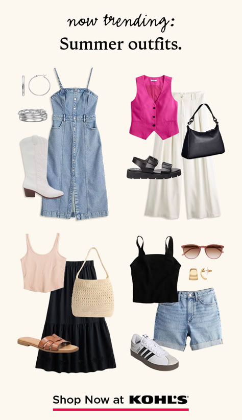 From denim dresses and linen pants to crochet tops and bermuda shorts, we've got you covered with the essentials for all of your summer 2024 outfits. Stock up on the season's trendiest styles at Kohl's and Kohls.com. Kohls Outfits, Summer Totes, Styling Business, 2024 Outfits, Denim Dresses, Trendy Fall Outfits, Causual Outfits, Crochet Tops, Weekend Outfit