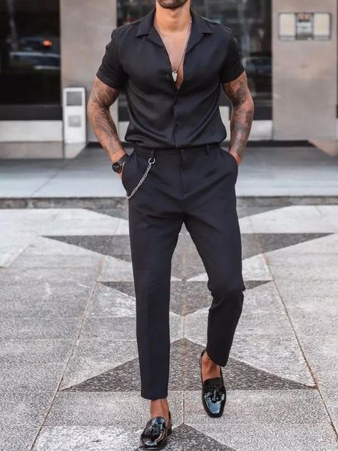 [Sponsored] 86 Black Men Date Night Outfit Guides You Don't Want To Miss This Summer #blackmendatenightoutfit Men Night Out Outfit, Black Men Date Night Outfit, Men Date Night Outfit, Black Shirt Outfits, Black Outfit Men, White Shoes Men, Lesbian Fashion, All Black Fashion, Vegas Outfit