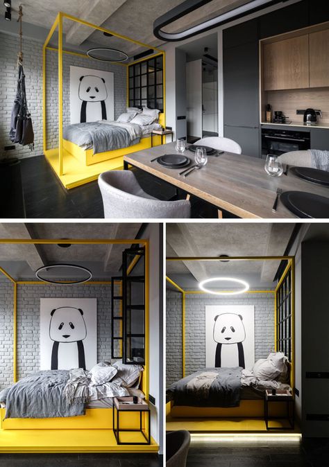 Monochromatic Apartment, Monochrome Bedroom, Grey Bed Frame, Kitchen Apartment, Monochrome Interior, Bed Platform, Grey Brick, Panda Art, Yellow Bedroom