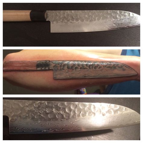 Yoshihiro Damascus steel Santoku knife tattoo by Sam Staley of Sacred Art Tattoo in Chandler, AZ. Damascus Tattoo, Sacred Art Tattoo, Knife Tattoo, Chandler Az, Santoku Knife, Sacred Art, Damascus Steel, Damascus, Tatting