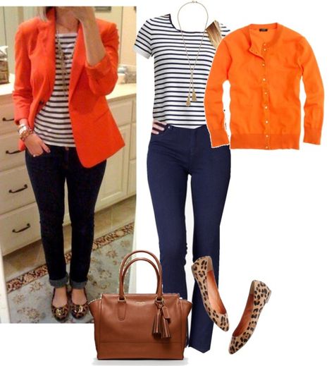 Orange Cardigan Outfit, Orange Shirt Outfit, White Striped Shirt Outfit, Winter Swag, Orange Blazer, Striped Shirts, Orange Outfit, Cardigan Outfits, Blazer Outfits