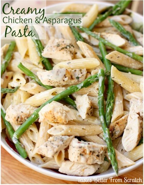 Creamy Chicken and Asparagus Pasta recipe from TastesBetterFromScratch.com Chicken And Asparagus Pasta, Creamy Chicken And Asparagus, Chicken Asparagus Pasta, Asparagus Pasta Recipes, Chicken And Asparagus, Resep Pasta, Pasta With Chicken, Tastes Better From Scratch, Chicken Alfredo Pasta