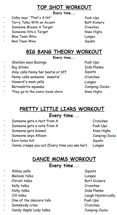 Favorite TV Show Workouts. You decide the numbers. Show Workouts, Dance Moms Workout, Tv Workout, Tv Show Workouts, Movie Workouts, Teen Workout Plan, Tv Workouts, Gymnastics Videos, Body Hacks