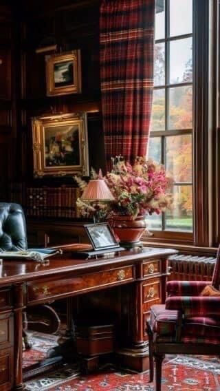 Tartan Home Decor, English Office Decor, Scottish Decorating Ideas, British Country House Interior, Coorie Scottish Interior, Hogmanay Traditions, Staircase Books, Scottish Cottage Interior, Cullen Skink