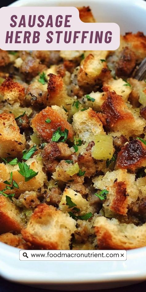 Get ready to fall in love with this Sausage and Herb Stuffing! Bursting with savory sausage, fresh thyme, sage, and garlic, it’s the perfect balance of flavors and textures. Whether you’re serving it alongside turkey or enjoying it as a cozy side, this stuffing is a holiday favorite! Sausage Mushroom Stuffing Thanksgiving, Savory Sausage Stuffing, Classic Sausage Stuffing, Sage Sausage And Apple Stuffing, Savory Stuffing Recipes For Thanksgiving, Sage Sausage Stuffing Recipes, Sausage Stuffing Recipes Thanksgiving, Sausage Turkey Stuffing, Sage And Sausage Stuffing