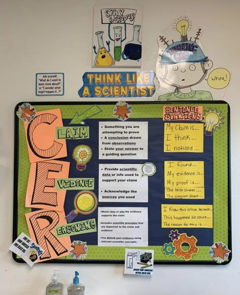 Science Classroom Inspiration, Cer Science Bulletin Board, Physical Science Classroom Decorations, Science Classroom Ideas Elementary, Engineering Classroom Decor, Biology Anchor Charts High Schools, Science Classroom Bulletin Boards, Classroom Ideas High School, Science Classroom Ideas