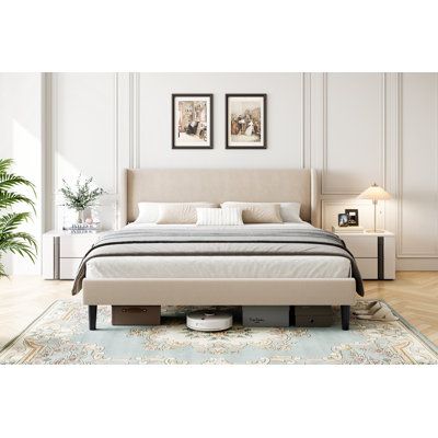 ELEGANT DESIGN - Embark on a journey of elegance with this full upholtered Premium Soft Velvet bed frame, adorned with distinctive and graceful vertical lines. Elevate your bedroom with a touch of sophistication and impeccable tidiness. Ebern Designs Size: Full, Color: Beige | Ebern Designs Bed Frame w / Headboard, Modern Upholstered Platform Bed In Linen Fabric, Mattress Foundation brownWood in Beige | Full | Wayfair Beige Bed Frame, Upholstered Queen Bed Frame, Headboard Modern, King Upholstered Platform Bed, Velvet Bed Frame, Headboard Upholstered, Modern Bed Frame, Bed Frame With Headboard, Full Size Bed Frame