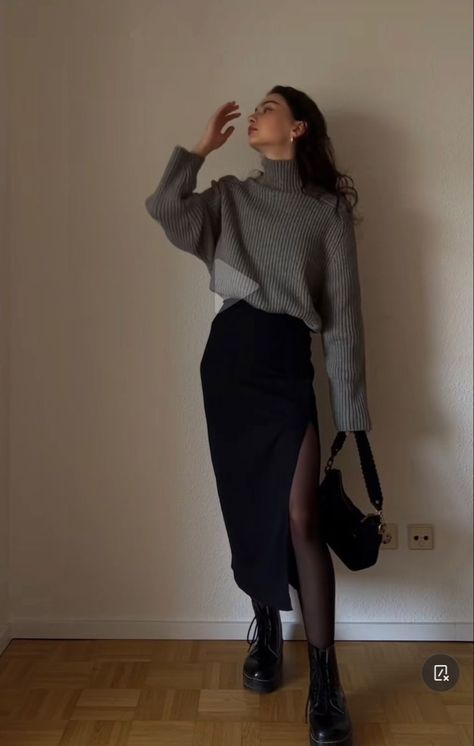 Stylish Outfits 2023 Winter, Midi Dress And Jumper Outfit, Doc Martin And Skirt Outfit, Bday Outfit Ideas Casual Winter, Style Long Dress Winter, Winter Style 2023/2024, Relaxed Professional Outfits Women, Grungy Outfit Ideas, Classy Every Day Outfits