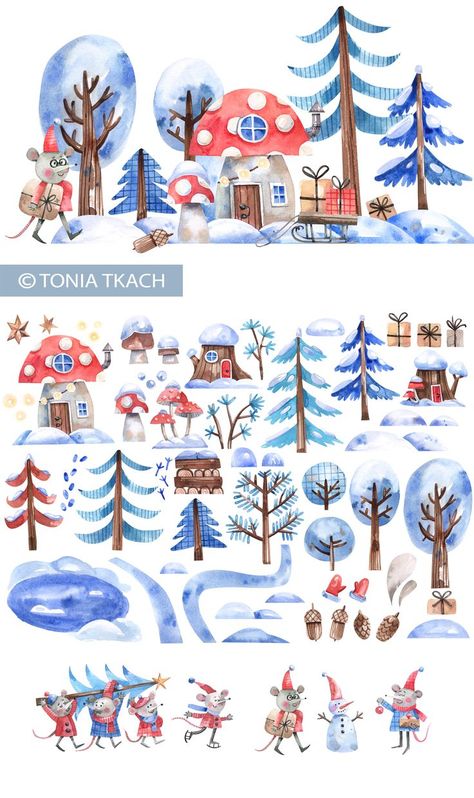 Winter Cartoon, Forest Christmas, Xmas Pictures, Fly Agaric, Snowy Forest, Art Prompts, Holiday Art, Christmas Watercolor, Cute Characters