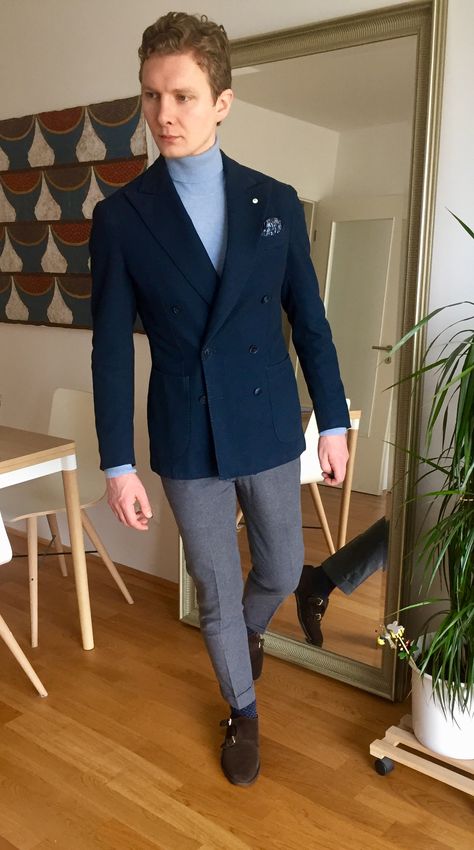 High Neck With Blazer Men, Blue Blazer Outfit Men, Turtleneck Outfit Men, Turtleneck And Blazer, Blue Blazer Outfit, David Williams, Stylish Men Wear, Tweed Men, Turtleneck Outfit