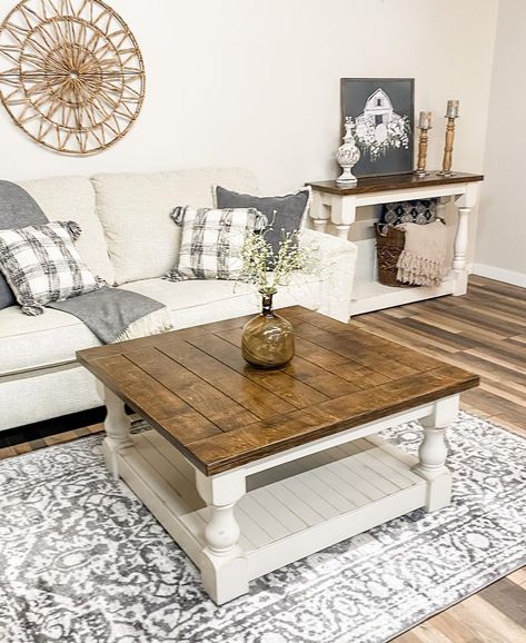 TheLovemadeHome on Instagram: “We survived the fb/ig outage! So we thought we’d share a beautiful farmhouse coffee table with you to celebrate❤️ Visit us at…” Square Farmhouse Coffee Table, Provincial Living Room, Tv Stand And End Tables, Square Farmhouse, Coffee Table Makeover, Farmhouse Coffee Table, Ottoman Decor, Coffee Table Farmhouse, Coffee Table Styling