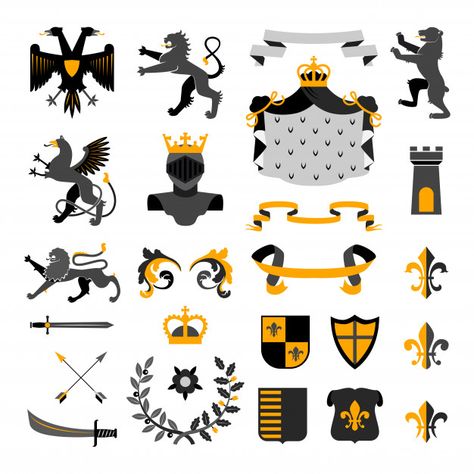 Heraldic royal symbols emblems design Free Vector Royal Symbols, Emblems Design, Silhouette Lion, Vintage Ribbon Banner, Logo Lion, Marketing Icon, Infographic Design Template, Light Icon, Ribbon Banner