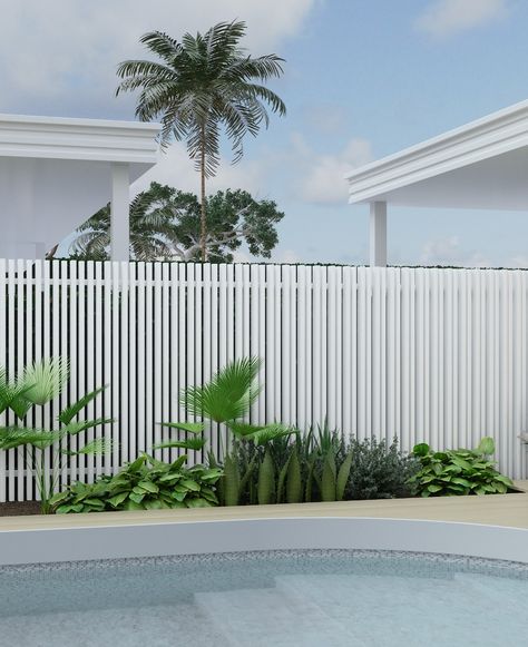 CURVA battens — Glass Outlet White Batten Fence, White Pool Fence Ideas Australia, Batten Fence, Backyard Pool Design, Glass Pool Fencing, Scarborough Beach, Glass Fence, Outdoor Pool Area, Timber Battens