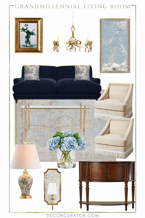 Formal Living Room Decorating Ideas, Blue Grandmillenial Living Room, Grand Millennial Tv Room, Dusty Blue Sofa Living Rooms, Dusty Blue Home Decor, Grand Millennial Mantle Decor, Charleston Interior Design Style, Texas Style Living Room, Blue Sitting Room Ideas