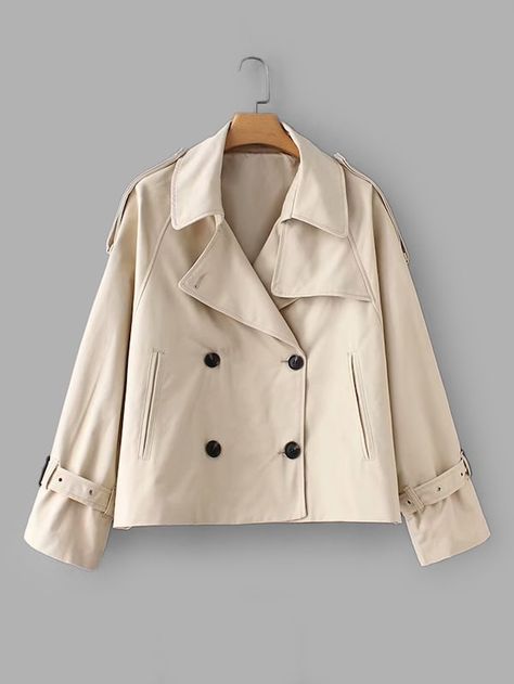 Belted Cuff Solid Outerwear -SheIn(Sheinside) Short Trench Coat, Kids Outerwear, Trench Coats Women, Fall Jackets, Outerwear Coats, Trench Coats, Capsule Wardrobe, Outerwear Jackets, Double Breasted