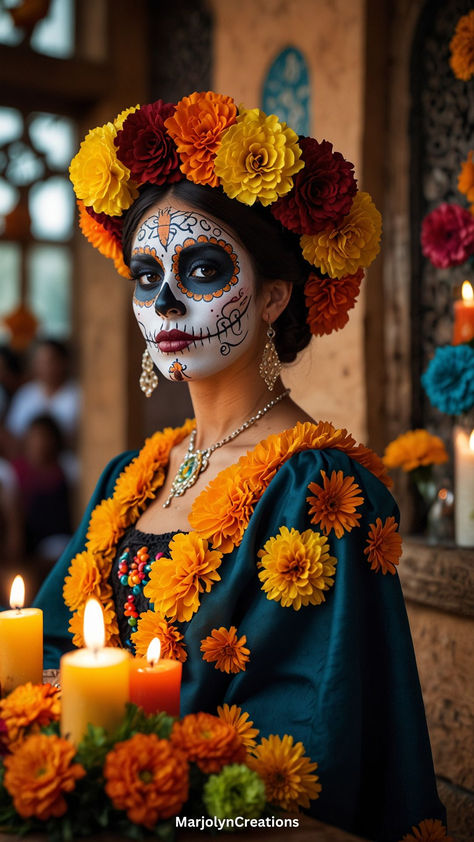 Immerse yourself in the colorful and lively atmosphere of the Mexican Day of the Dead with this stunning Halloween art. Featuring intricate sugar skulls, marigold flowers, and traditional Catrina costumes, this artwork beautifully captures the festive spirit of honoring ancestors. Perfect for adding a touch of cultural elegance to your Halloween decor Catrinas Costume, Sugar Skill Costume, Mexico Halloween Costumes, Idea For Halloween Costumes, Marigold Costume, Intricate Halloween Costumes, Catrina Costume Ideas, Day Of The Dead Inspired Outfits, Day Of The Dead Marigolds