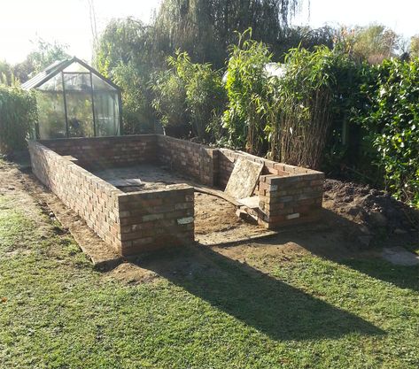 Brick Greenhouse, Brick Half Wall, Half Brick Wall, Wall Greenhouse, Brick Shed, Greenhouse Frame, Greenhouse Farming, Lean To Greenhouse, Veg Patch