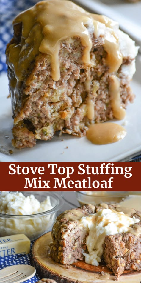 An easy meatloaf with a simple ingredient list, this Stove Top Stuffing Mix Meatloaf is the perfect dinner for busy nights. Served with creamy mashed potatoes and rich gravy, your family will never guess your secret to such a cozy meal. #meatloaf #meatloafrecipe #dinnerrecipe #dinner Stuffing Mix Meatloaf, Stovetop Meatloaf, Gourmet Meatloaf, Stuffing Meatloaf, Stove Top Stuffing Meatloaf, Stove Top Stuffing Recipes, Stove Top Stuffing, Stove Top Stuffing Mix, Good Meatloaf Recipe