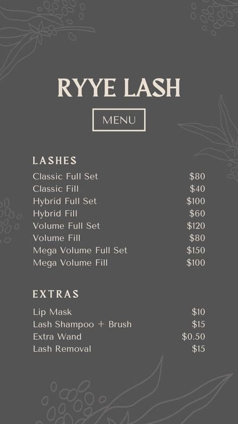 Eyelash Extension Price List, Eyelash Extensions Name Ideas, Lash And Hair Studio Ideas, Lashes Extensions Business, Lash Beginner Prices, Lash Lift And Tint Price List, Lash Prices List, Lash Service Menu Ideas, Lash Salon Names Ideas