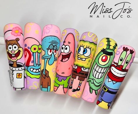 Spongebob Nail Art, Nail Art Dessin, Spongebob Nails, Cartoon Nail Designs, Character Nails, Disney Acrylic Nails, Velvet Nails, Nails Fun, Nail Drawing