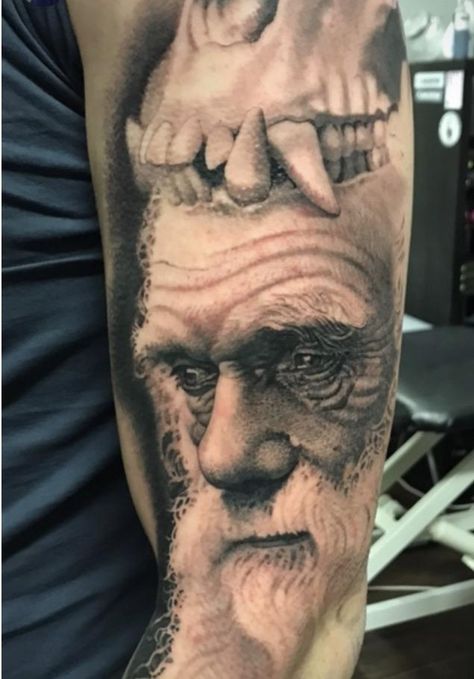 The Start of My Sleeve Charles Darwin and Monkey Skull. Plan is to add extinct animals for the rest. #tattoos #tattoo #beauty Charles Darwin Tattoo, Darwin Tattoo, Monkey Skull, Science Tattoos, Charles Swindoll, Tattoo 2023, Trending Tattoos, Prison Tattoos, R Tattoo