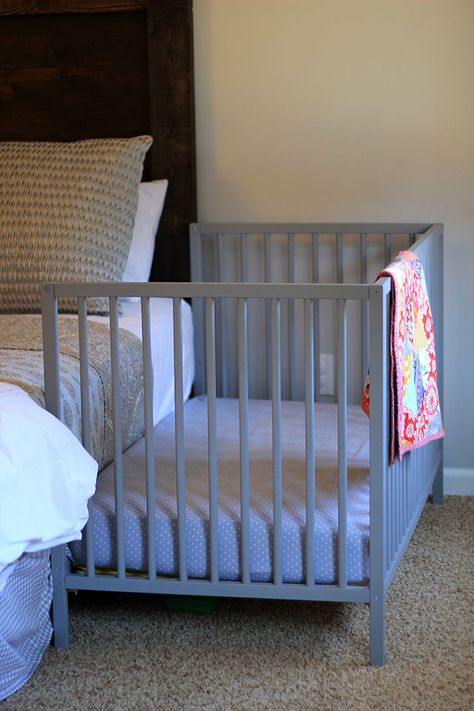 DIY Co-Sleeper Review {One Year Later} | Always, Amanda Side Car Crib, Ikea Crib Hack, Co Sleeper Crib, Baby Co Sleeper, Ikea Nursery, Co Sleeper, Diy Crib, Crib Rail Cover, Baby Crib Bedding