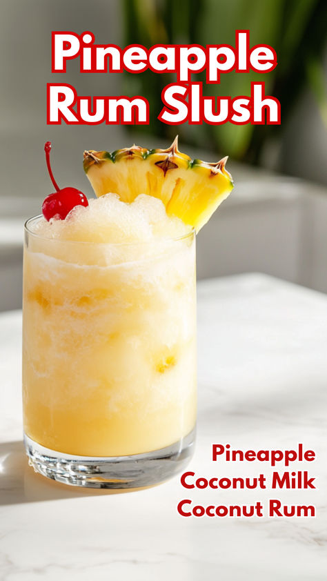 Pineapple Rum Slush Slushie Cocktails, Pineapple Rum Slush, Coconut Rum Cocktails, Pineapple Rum Drinks, Pineapple Cocktails, Cocktail Cards, Ice Pop Recipes, Frozen Cocktail, Pineapple Cocktail