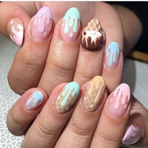 Ice Cream Gel Nails, Sweets Nail Art, Nail Ice Cream, Dessert Nail Art, Candy Theme Nails, Nail Art Ice Cream, Nails Ice Cream, Cake Nail Art, Dessert Nails