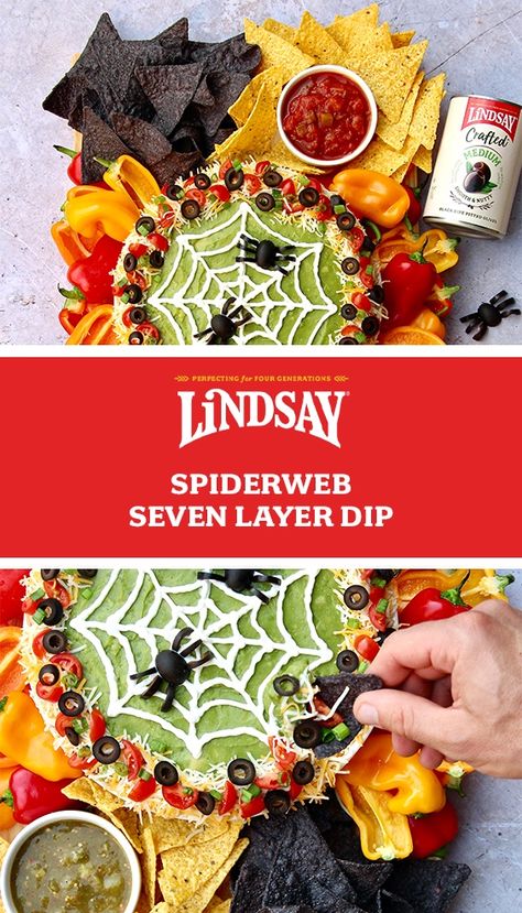 Spiderweb Dip, Halloween 7 Layer Dip, Halloween Dips, Dip Board, Chinese Chicken Salad Recipe, 7 Layer Dip, Halloween Party Appetizers, Seven Layer Dip, Perfect Halloween Party