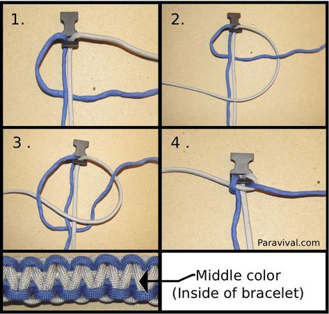 Making a two color para-cord bracelet.....or use it as a guide for another type of material...... Paracord Bracelet Instructions, Cobra Weave, Paracord Bracelet Tutorial, Paracord Braids, Plastic Lace, Paracord Bracelet Diy, Paracord Diy, Survival Bracelet, Paracord Projects