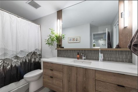 Cool Grey Walls, Vanity Mirror Frame, Bath Vanity Mirror, Bath Interior Design, Wood Ledge, Wood Bath Vanity, Vanity Backsplash, Ledge Shelf, Wood Bath