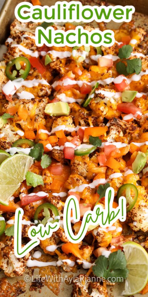 Cauliflower Nachos on a baking sheet with text Cauliflower Nachos Recipes, Bacon Nachos, Cauliflower Nachos, Watermelon Sorbet Recipes, Beet Pasta, Carrot Raisin Salad, Healthy Board, Bean Nachos, Cauliflower Tacos