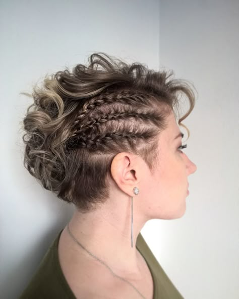 Elegant Braids For Short Hair, Braids On Pixie Hair, Viking Braids On Short Hair, Short Hair Waterfall Braid, Pixie Hair Braid Styles, Braided Hairstyles With Undercut, Braids In Short Hair Ideas, Short Hair Styles With Braid, Short Hair Braids Hairstyles