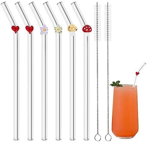 Reusable Drinking Glass Straws, Shatter Resistant Glass Straws Designed with Hearts&Flowers&Mushrooms, Set of 6 with 2 Cleaning Brushes, Bent Glass Straws for Smoothies Tea Juice Coffee Milkshakes : Amazon.co.uk: Home & Kitchen Coffee Milkshake, Mason Jar Cups, Cleaning Brushes, Drink Straw, Cute Kitchen, Curved Glass, Glass Straws, Metal Straws, Drinking Glass