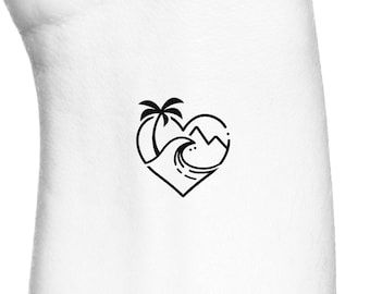 Love Of Animals Tattoo, Heart Beach Tattoo, Wave With Palm Tree Tattoo, Tiny Tropical Tattoos, Palm Tree Island Tattoo, Beach Small Tattoos, Beach Wave Tattoo, Beach Tats, Tattoo Ideas Beach