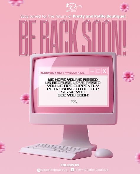 🌸Countdown to cuteness! Check out these two adorable “Be Back Soon” e-flyers for Pretty & Petite Boutique, announcing their highly anticipated return! Cute, girly, and full of flair. 💕 Which design is your favorite? Let’s work! ⬇️ 📧7designstudio@graphic-designer.com 📲2428105366 (WhatsApp only) 🌐www.s7vendesignstudio.com . . . . . #boutiqueflyer #graphicdesign #graphicdesigner #comingsoon #thinkpink #girlygraphics #fashionflyer #fashiondesign #design Diary Graphic Design, Cute Flyers, Countdown Flyer Design, Girly Graphic Design, Boutique Flyer, Girly Graphics, Diy Social Media, Flyer Ideas, Be Back Soon