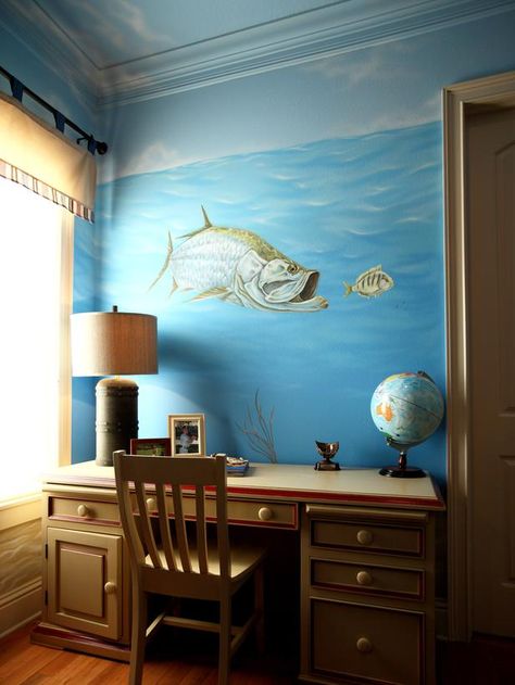 Decorating Ideas for Fun Playrooms and Kids' Bedrooms : Oceanography homework should be a breeze in this underwater-themed room. See previous slide to catch a glimpse of the shipwreck bed.  From DIYnetwork.com Shark Mural, Shark Themed Bedroom, Shark Decorations, Shark Bedroom, Steampunk Bedroom, Underwater Room, Shark Room, Decorations For Bedroom, Shark Decor