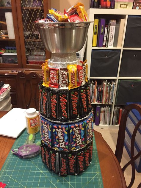 30 AWESOME Hockey Party Ideas Worthy Of A Hat Trick! — Nikki Lo Candy Stanley Cup, Stanley Cup Candy Trophy, Candy Trophy Ideas, Candy Trophy, Hockey Party Ideas, Hockey Fundraiser, Hockey Basket, Homemade Trophies, Tricky Tray Baskets