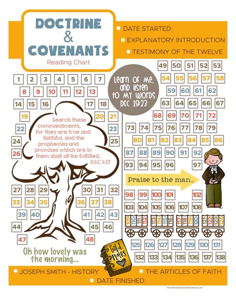 FREE printable to help Primary children mark off sections read in the Doctrine and Covenants. Lds Covenant Path, Lds Scripture Marking System, Covenant Meaning, Doctrine And Covenants Reading Chart, Baptismal Covenants Lds Printable, Disney Iron On, Baby Girl Hair Bows, Reading Charts, Baby Headbands Crochet