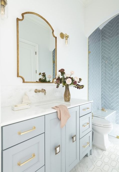 Light Blue Walls, White Bathroom Tiles, Gold Bathroom, Stunning Interiors, White Tiles, Bathroom Renos, White Bathroom, Blue Walls, How To Feel Beautiful