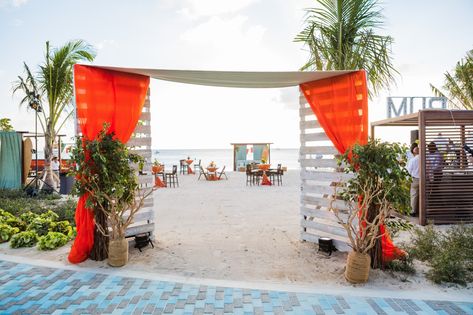 Beach Party Entrance Decor, Beach Theme Stage Design, Beach Party Stage Design, Beach Corporate Event, Beach Ball Installation, Bali Event Hire, Cayman Island Wedding, Corporate Events Decoration, Party Entrance