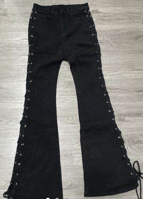 Upcycle Black Jeans, Vampy Clothes, Gothic Jeans, Black Bell Bottoms, Goth Pants, Vampire Fashion, 2000s Jeans, Silly Clothes, Earthy Outfits