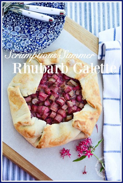 SCRUMPTIOUS SUMMER RHUBARB GALETTE Rhubarb Galette, Stone Gable, Rustic Dessert, Super Easy Desserts, Buttery Pie Crust, Rhubarb Desserts, Homemade Dough, Fruit Filling, Rhubarb Recipes