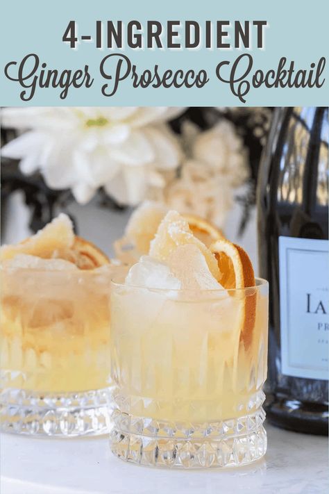 A sparkling ginger Prosecco cocktail made with Prosecco and ginger beer. This easy mixed drink is perfect for the holidays, a brunch or any special occasion! It has four simple ingredients and a refreshing sparkling ginger flavor. Prosecco And Chambord Cocktails, Sweet Fruity Cocktails, Holiday Cocktails With Prosecco, Winter Prosecco Cocktails, Prosecco Cocktails Christmas, Drink Recipes With Prosecco, New Years Eve Drinks For Adults, Drinks With Prosecco, Prosecco Cocktails Easy