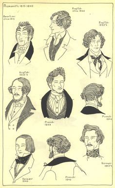 Men's hairstyles, France 1830's 1800s Hairstyles, Victorian Era Hairstyles, 1800s Men, 19th Century Men, Historical Hairstyles, Victorian Men, Romantic Period, Victorian Hairstyles, Regency Fashion