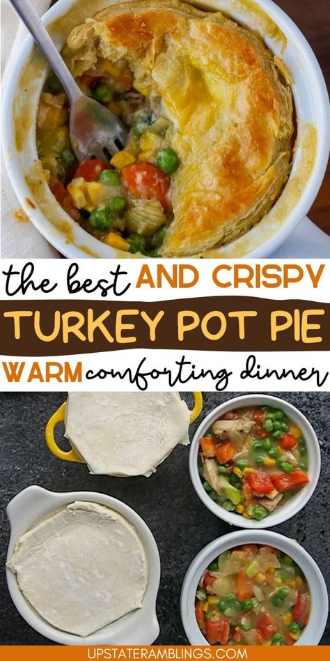 Warm up with the ultimate comfort food: Turkey Pot Pie with Puff Pastry! This hearty dish combines tender turkey, savory vegetables, and a rich gravy, all enveloped in a flaky puff pastry crust. Perfect for cozy dinners or using up leftover turkey, this pot pie is sure to become a family favorite! Puff Pastry Turkey Pot Pie, Turkey Pot Pie Phyllo Dough, Turkey Pot Pie With Puff Pastry, Turkey Pot Pie Recipe Easy Thanksgiving Leftovers, Turkey Pot Pie With Puff Pastry Crust, Individual Turkey Pot Pies, Healthy Turkey Pot Pie, Turkey Pot Pie Recipe Easy Puff Pastry, Turkey Pot Pie Recipe Easy Pillsbury